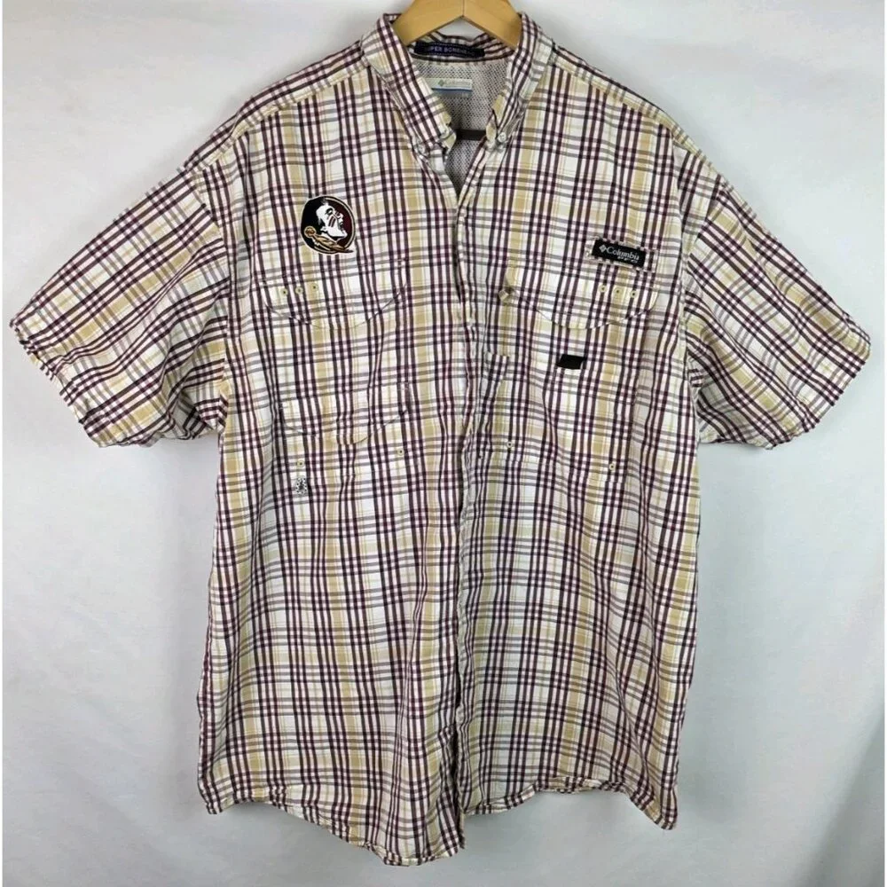 Florida State University FSU Mens Columbia Shirt Sz Large Plaid Short Sleeve Top